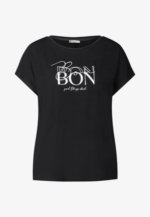 Camiseta negra de manga corta, con texto en blanco y diseño gráfico que incluye la palabra "BON" y la frase "cosas buenas por delante". Material de algodón suave.