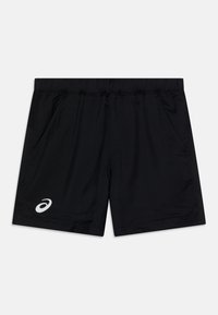 Pantaloni corti neri in tessuto leggero, con vita elastica, due tasche laterali e un logo bianco sul davanti a sinistra.