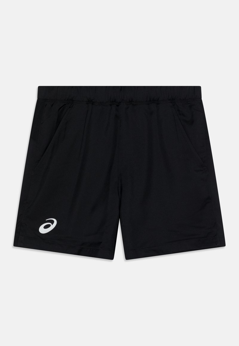 Pantaloni corti neri in tessuto leggero, con vita elastica, due tasche laterali e un logo bianco sul davanti a sinistra.