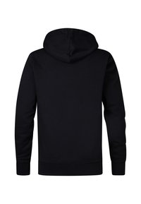 Zwarte hoodie met lange mouwen, ribbelmanchetten en zoom. Gladde textuur, minimalistisch ontwerp zonder zichtbare logo's of patronen.