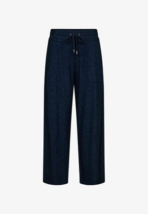 Navy blue wide-leg pants made from a soft, textured fabric, featuring an elastic waistband with a drawstring and no visible hardware.