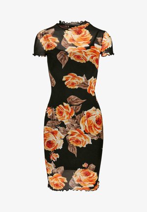 Juodas suknelė su trumpomis rankovėmis, puošta oranžinių rožių ir žalių lapų gėlių raštu. Riesti kraštai ant rankovių ir apatinės dalies suteikia detalumo.