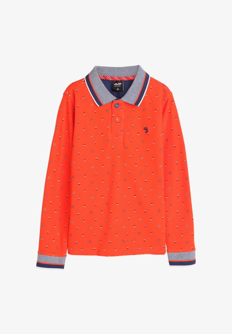 Rode longsleeve polo met een gekraagde hals, voorzien van een marineblauwe en witte gekleurde kraag en kleurrijke diamantmotieven door het hele shirt.