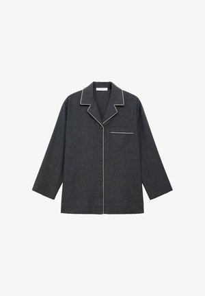 Tamno sivi dugouhani pojasni gornji dio pidžame s bijelim obrubima duž ovratnika, prednjeg šava i džepa na bijeloj pozadini.