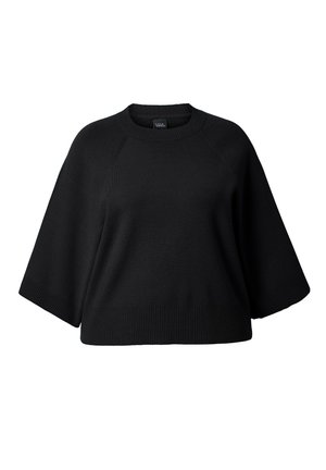 Czarny, luźny sweter z prążkowanym okrągłym dekoltem i mankietami, z szerokimi rękawami oraz teksturowanym wzorem dzianiny zapewniającym ciepło.