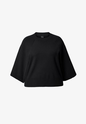 Czarny, luźny sweter z prążkowanym okrągłym dekoltem i mankietami, z szerokimi rękawami oraz teksturowanym wzorem dzianiny zapewniającym ciepło.