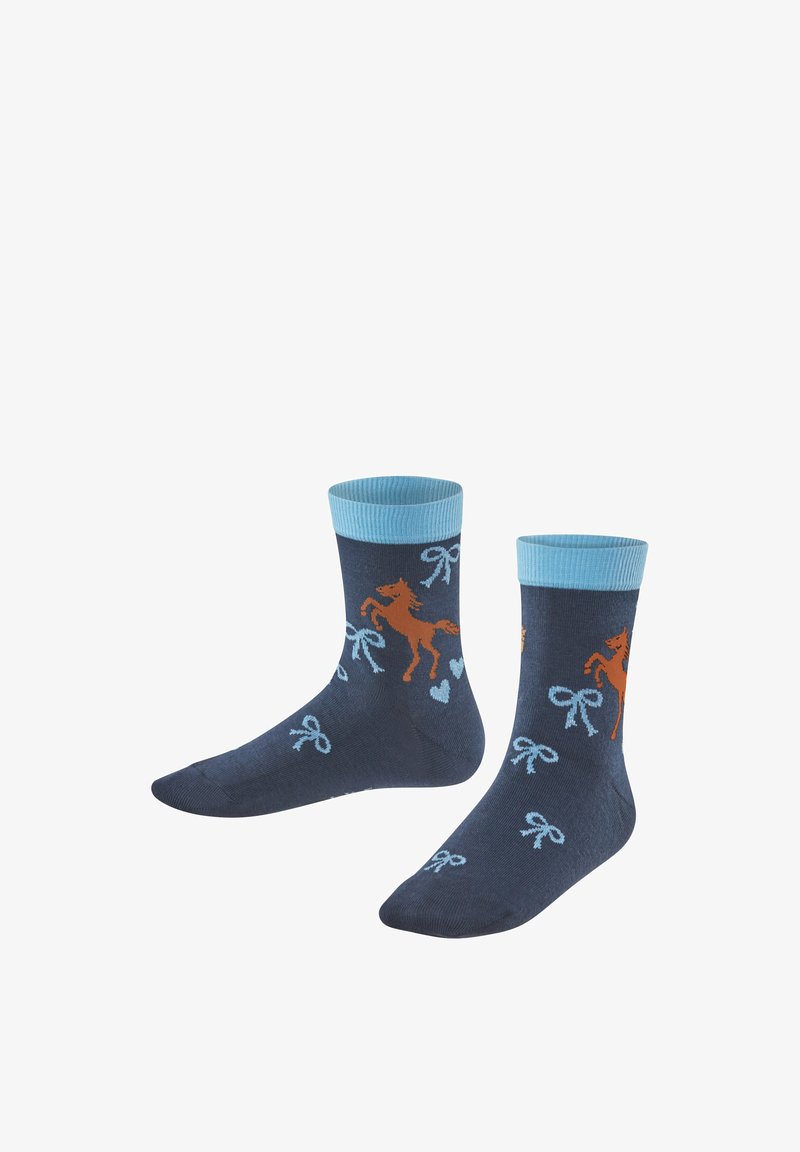 Chaussettes bleu marine avec des bords bleu clair, ornées d'un cheval orange, de nœuds bleu clair et de motifs en forme de cœur.