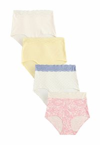 Vijf paren dames katoenen onderbroeken in verschillende kleuren: wit, geel, blauw en roze, met kantafwerking en verschillende patronen.