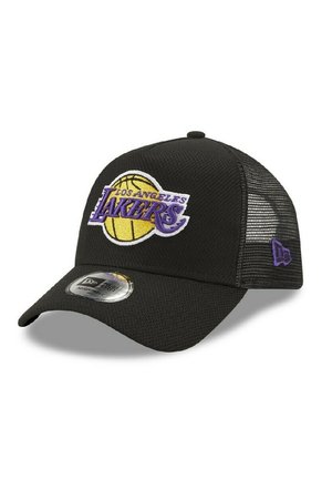 Black baseball cap with mesh back, featuring embroidered Los Angeles Lakers logo in purple and yellow, and a curved brim.