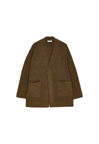 Brown knitted open-front cardigan with long sleeves and two front pockets, displayed flat on white background.
