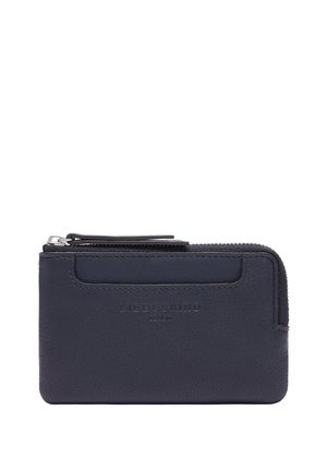 Marineblaues Lederportemonnaie mit strukturiertem Finish, Reißverschluss und geprägtem Markenlogo auf der Vorderseite. Kompakte, rechteckige Form mit Kartenfach.