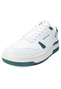 Bijele tenisice s zelenim detaljima, izrađene od glatke mješavine kože i tekstila, s perforiranim stranama i robusnom gumenom potplatom. Logo na peti.