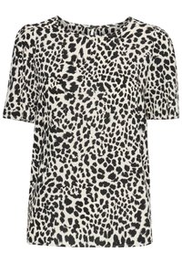 Blusa a maniche corte con stampa leopardata bianca e nera. Tessuto morbido, scollatura rotonda e vestibilità leggermente ampia. Nessun hardware visibile.
