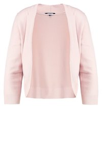 Ljusrosa cardigan med öppen front, långa ärmar och ribbade manschetter. Mjuk textur utan knäppningar, designad för lager-på-lager.