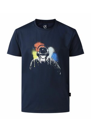 Marineblaue T-Shirt mit Grafik eines Gorillas mit Kopfhörern, umgeben von Spritzern in Orange, Gelb, Weiß und Blau.