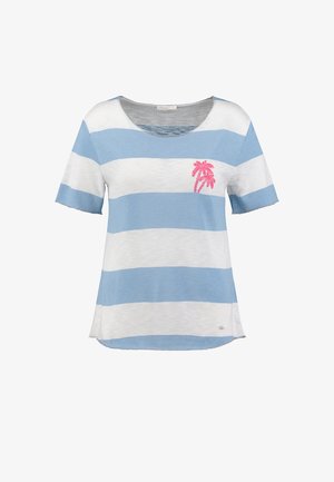 Camicia a maniche corte con ampie strisce orizzontali blu e bianche e un piccolo disegno di una palma rosa sul petto sinistro.