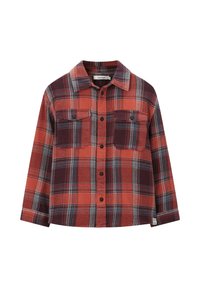 Rood en donkerpaars geruit flanellen overhemd met lange mouwen, twee borstzakken en een kraag. Voorzien van zwarte knopen en een relaxed fit ontwerp.