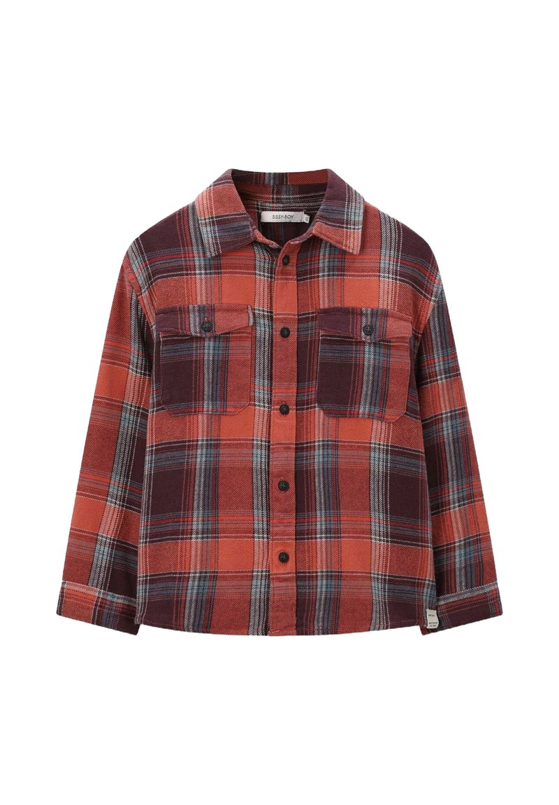 Rood en donkerpaars geruit flanellen overhemd met lange mouwen, twee borstzakken en een kraag. Voorzien van zwarte knopen en een relaxed fit ontwerp.