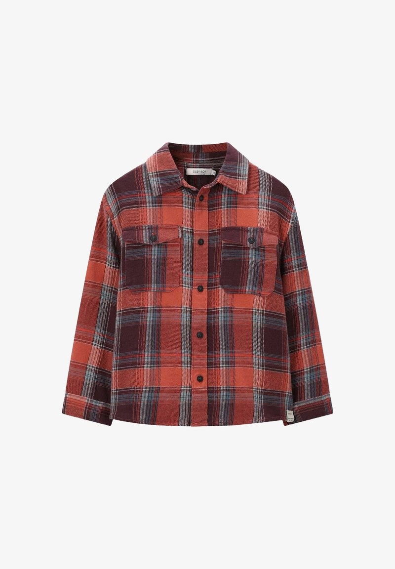 Rood en donkerpaars geruit flanellen overhemd met lange mouwen, twee borstzakken en een kraag. Voorzien van zwarte knopen en een relaxed fit ontwerp.