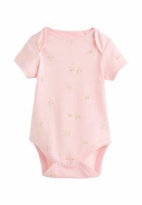 Body en coton rose à manches courtes, imprimé de petits lapins dispersés en beige avec de subtils éclaboussures. Fermeture pressionnée au bas.