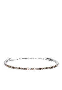 Ezüst árnyalatú karkötő, amely világos és barna kör alakú kövek váltakozó mintázatával készült, biztonságos záródással és lánc hosszabbítással.