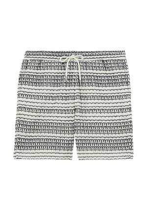 Weiße Shorts mit einem strukturierten Muster aus navyblauen horizontalen Streifen. Verfügt über einen Kordelzugbund und zwei Seitentaschen.