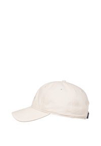 Beige katoenen baseballpet met een ronde kroon, gebogen klep en luchtopeningen voor ventilatie. Bevat een klein logo aan de zijkant.