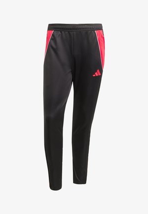 Zwarte sportbroek met rode zijpanelen, elastische taille en het Adidas-logo in het rood. Gemaakt van soepele, lichte stof.