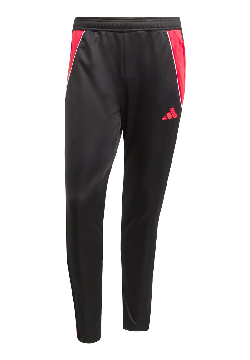 Pantalones deportivos negros con paneles laterales rojos, cintura elástica y el logo de Adidas en rojo. Hechos de una tela suave y ligera.