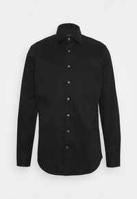 Zwart shirt met lange mouwen, gemaakt van gladde stof, met een klassieke kraag en zilveren knopen aan de voorkant. Heeft een afgeronde zoom.