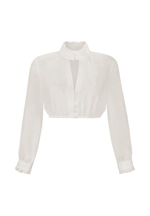 Weiße cropped Bluse mit langen Ärmeln, gerafftem hohen Kragen, Knopfleiste vorne, elastischem Bund und gerafften Manschetten.