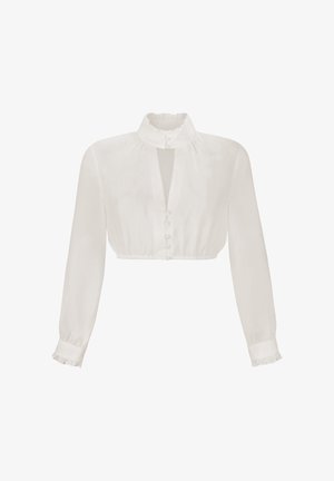 Weiße cropped Bluse mit langen Ärmeln, gerafftem hohen Kragen, Knopfleiste vorne, elastischem Bund und gerafften Manschetten.