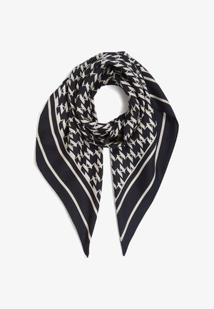 Sciarpa di seta blu navy con un motivo geometrico in crema, bordata e con estremità appuntite, creando un aspetto elegante e testurizzato.