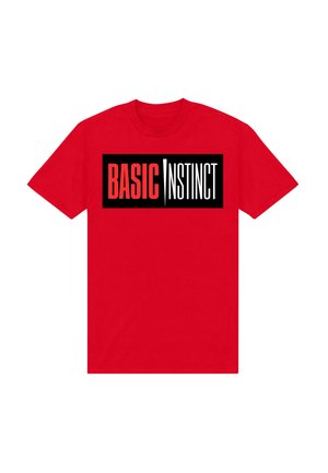 Rød bomulds t-shirt med et markant sort boks grafisk design og hvid samt rød tekst, der læser "BASIC INSTINCT." T-shirten har korte ærmer og en rund hals.
