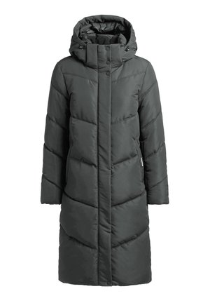 Long, dark gray puffer coat with a hood. Features chevron stitching, snap closures, and side pockets. Made from insulated, soft material.