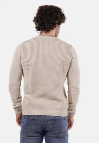 Maglione beige a maglia con texture a coste, colletto rotondo e polsini aderenti, abbinato a jeans di denim blu; vista dal retro.