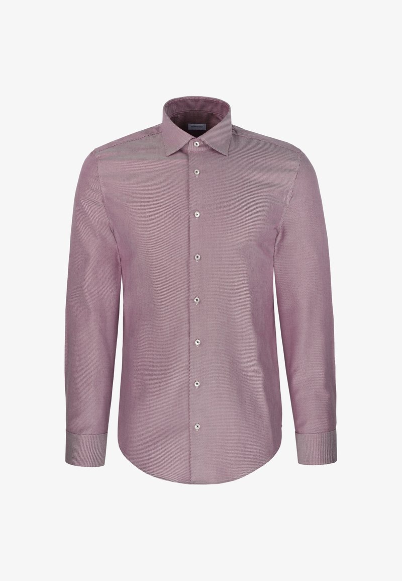 Chemise habillée homme à manches longues, violet clair avec une texture diagonale subtile, boutonnée devant et col pointu.