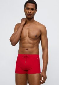 Κόκκινα μαγιό από λείο υλικό, με κορδόνι στη μέση και μικρό λογότυπο στο πλάι. Απλός και εφαρμοστός σχεδιασμός.