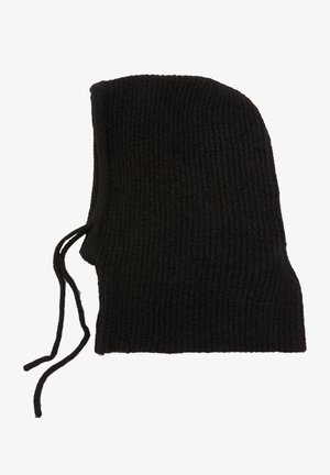 Cappello balaclava nero a coste con una forma allungata e un laccio regolabile sul lato per una vestibilità sicura.