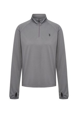 Light gray long-sleeve pullover with a quarter zip, slight waffle texture, thumb holes at cuffs, and two small black chevron logos on left chest.