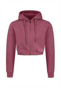 Sweat à capuche court mauve avec fermeture éclair, cordons, manches longues et poignets côtelés, avec de légers détails de panneaux et une taille élastique.