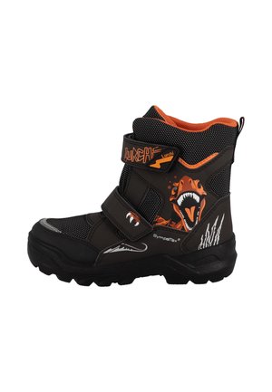Bottine enfant noire et orange avec motif dinosaure, bandes velcro et semelle robuste, avec le nom de la marque Lurchi.