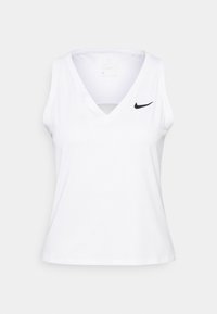 Haut de sport blanc sans manches avec col en V et petit logo Nike noir sur la poitrine gauche, présenté sur un fond uni.