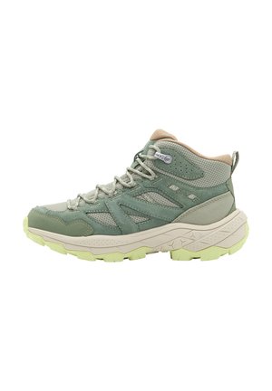 Light green hiking shoe with mesh and suede upper, round toe, reinforced heel, beige accents, and rubber outsole with traction pattern.