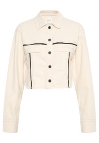 Krótkia kurtka jeansowa w kremowym kolorze z czarnym kontrastowym przeszyciem, dwoma przednimi kieszeniami, czarnymi guzikami i klasycznym kołnierzem.