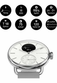 Weißes Smartwatch mit einem metallisch silbernen Gehäuse, rundem Ziffernblatt und Unterzifferblatt. Das Display zeigt Gesundheitsmetriken wie Herzfrequenz und Schlafdaten an.