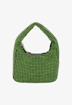 Grøn håndtaske med rhinestones, buet hank, lynlåslukning og sort inderside. Kompakt, rektangulær design med en tekstureret overflade.