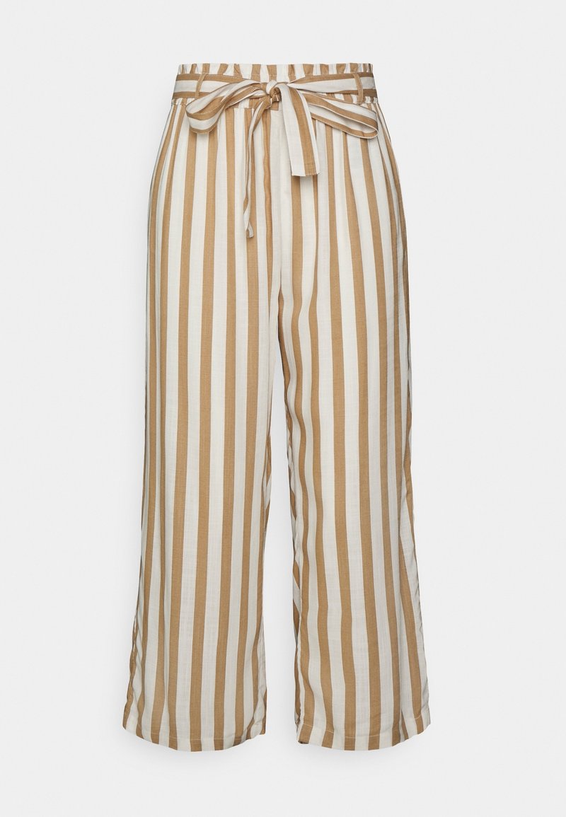 Pantalon à jambes larges avec des rayures verticales beige et blanc, avec une taille haute élastique et une ceinture en tissu assortie nouée devant.
