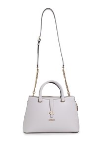 Borsa a mano grigio chiaro in pelle sintetica, dotata di due manici superiori, una tracolla a catena removibile e accessori in metallo dorato con accento del logo.