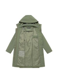 Impermeabile verde con cappuccio e davanti aperto che mostra la fodera liscia, una tasca sul petto all'interno e l'etichetta del marchio "Marikoo" nella zona del colletto.